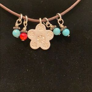 Leather adjustable necklace with silver flower etc